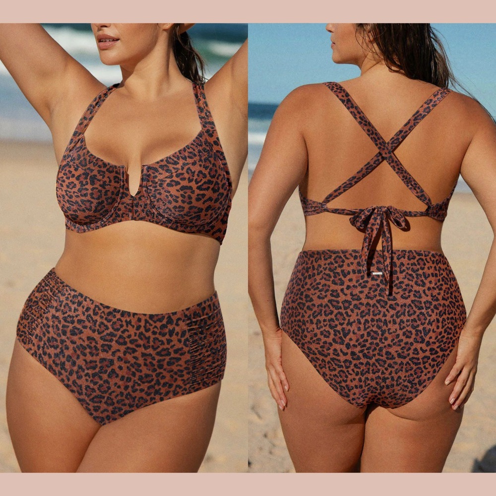 NWT Berlook [PLUS 18 ] Leopard Print V Notch Underwire Top + Bikini Bottom T2169